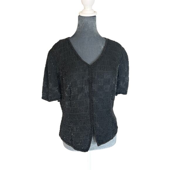 - Reggio- Black Beaded Jacket - Blouse - Checker pattern - eye hook- VTG - Picture 1 of 12